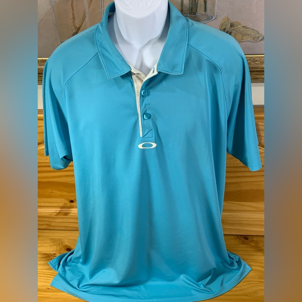 OAKLEY Mens XL Polo Golf Shirt Teal Blue White   HYDROLIX PERFORMANCE EUC